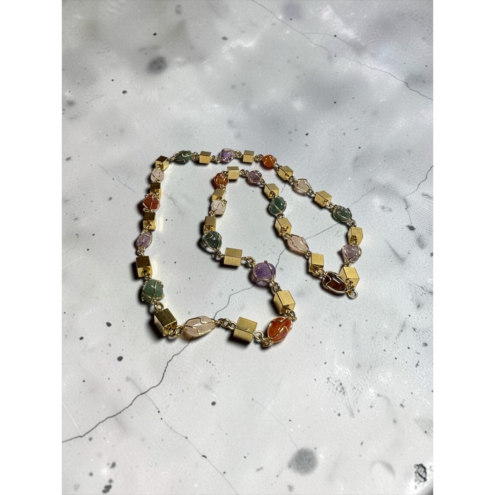 Gemstone Station Necklace Multi Color Gold Tone Boho Wire Wrap